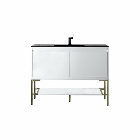 JAMES MARTIN VANITIES 47.3'' Single Vanity, Glossy White, Champagne Brass Base w/ Charcoal Black Composite Stone Top 805-V47.3-GW-CB-CH